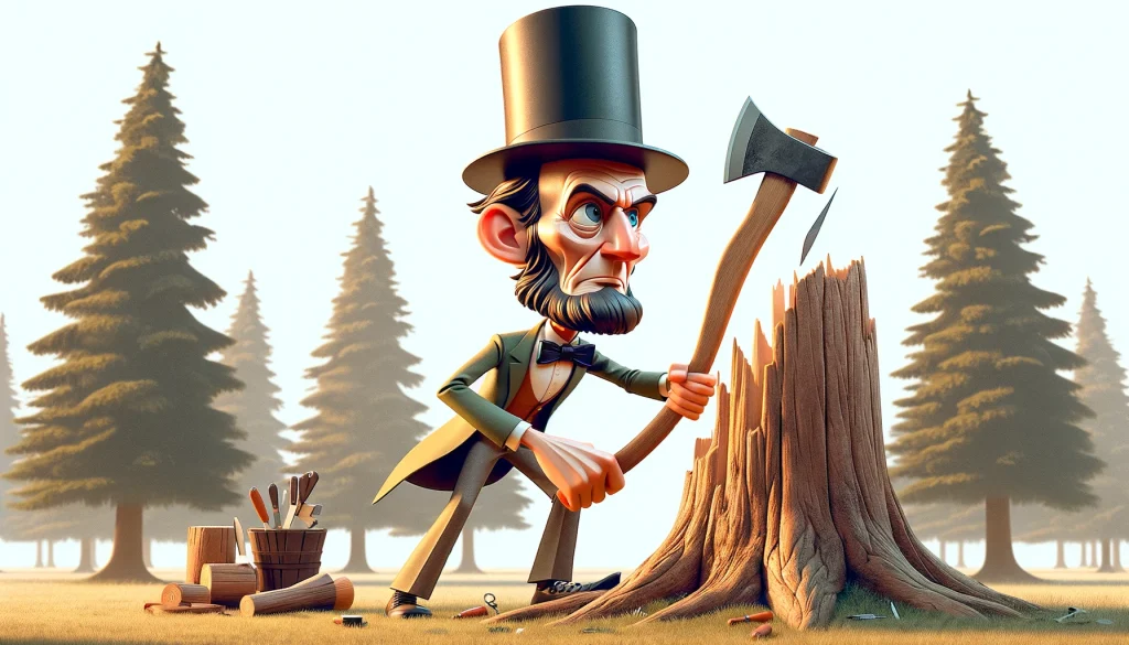 Abe Lincoln very clearly ready to chop down a tree having planned appropriately in advance.